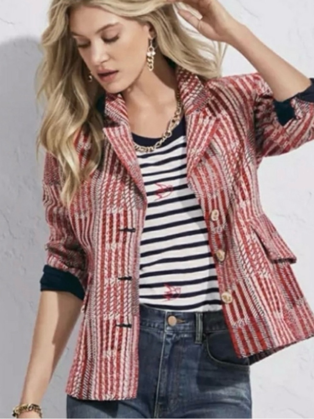 CABI Patchwork Blazer Jacket Style #6028 Red Blue Size M